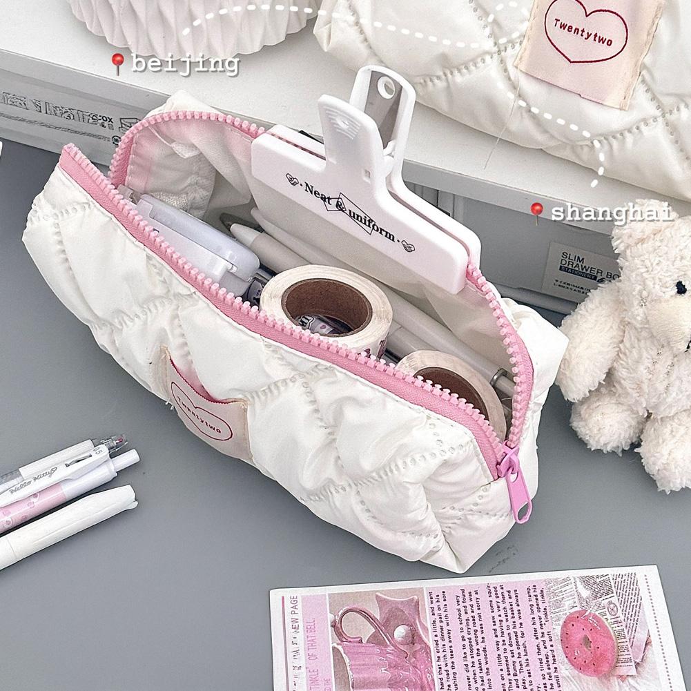Large Capacity Milk White Butterfly Bow Pencil Case Cute Layered Storage Pencil Bags Portable Students Stationery Storage Bag