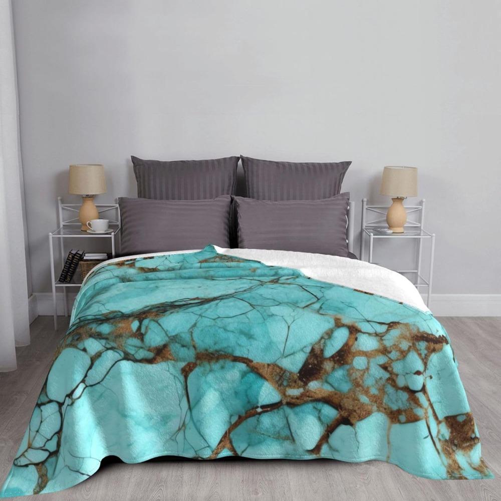 Turquoise Marble Pattern Flannel Blanket Teal Brown Marble Texture Print Soft Warm Throw Blanket Sofa Bedroom Modern Home Decor Gift
