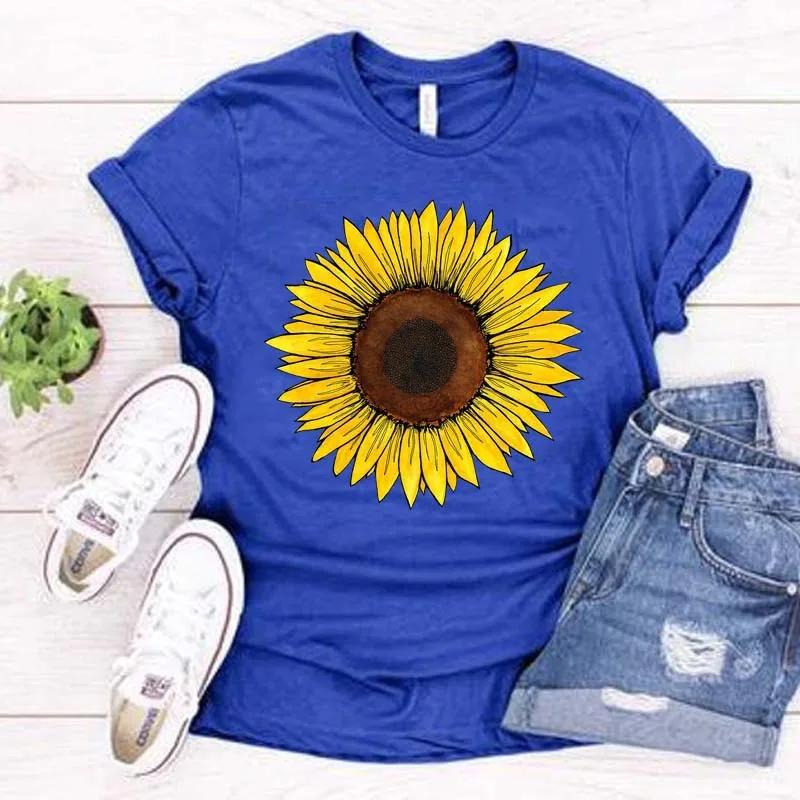 Golden Sunflower Print Women T Shirt Short Sleeve O Neck Loose Women Tshirt Ladies Tee Shirt Tops Clothes Camisetas Mujer