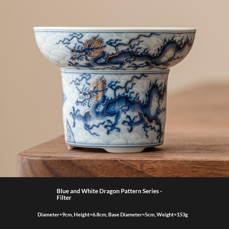 

Gold and Silver Inlaid Blue and White Dragon Pattern Vintage Tea Strainer Tea Filter Accessory Ceramic Tea Leaf Filter
