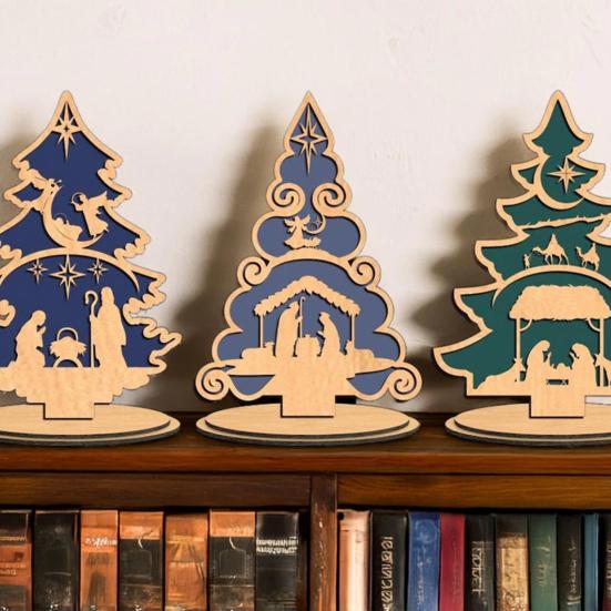 Christmas Tree Table Sign Decoration Farmhouse Rustic Jesus Nativity Wooden Ornament with Base Home Office Bookshelf Desktop Decor
