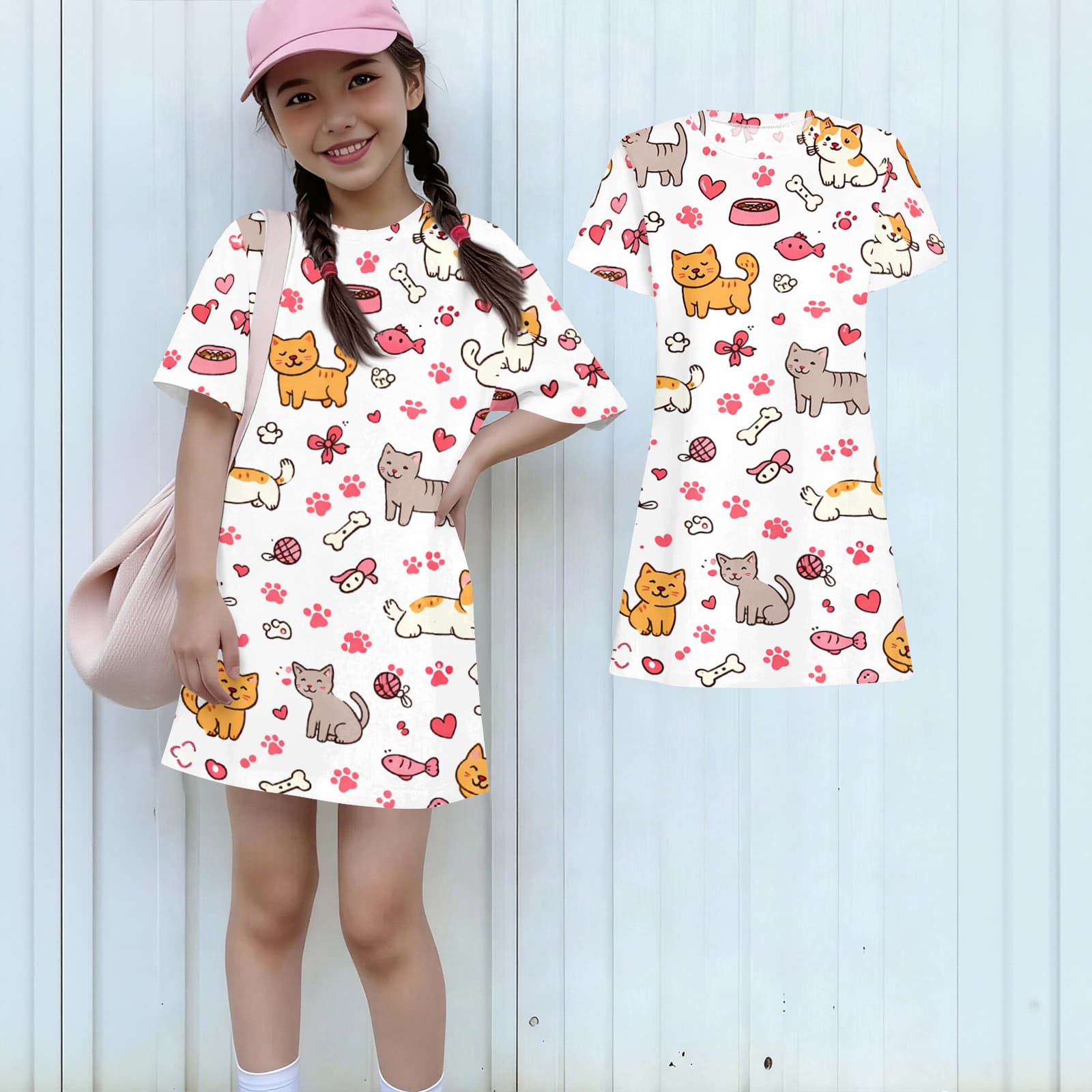 

Girls Print Casual Dress Kids Loose Round Neck Short Sleeve Thin Sundress 100 бежевый
