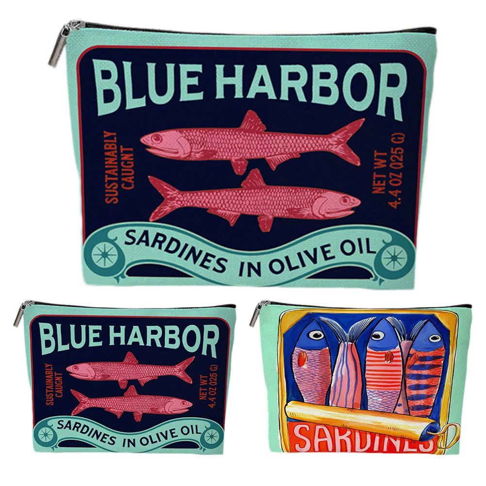 Cartoon Sardine Printed Makeup Bag Women Zipper Cosmetic Organizer Cloth Handbag Box Shape Portable Toiletry Case For Girls