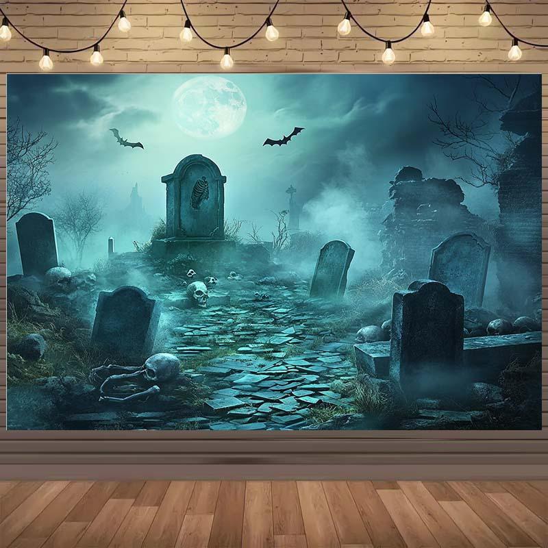 1 Halloween cemetery themed background with tombstone  bats  misty moonlit night - photography background 150X100