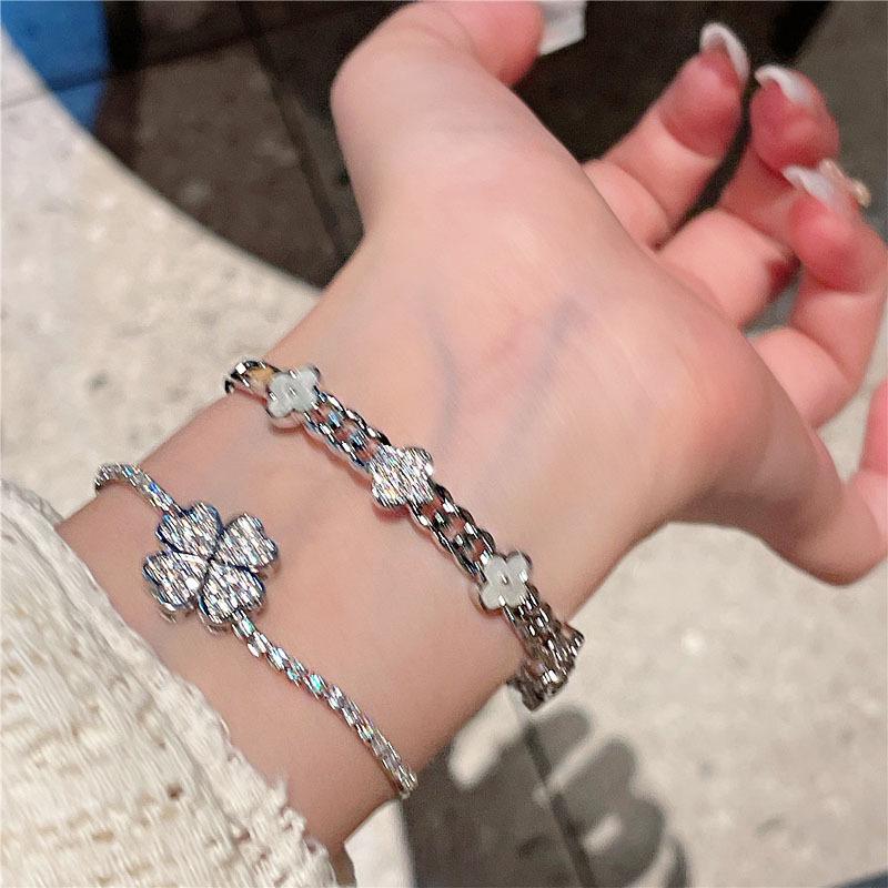 Real Gold-Plated Lucky Four-Leaf Flower Zircon Bracelet - Elegant Light Luxury Jewelry