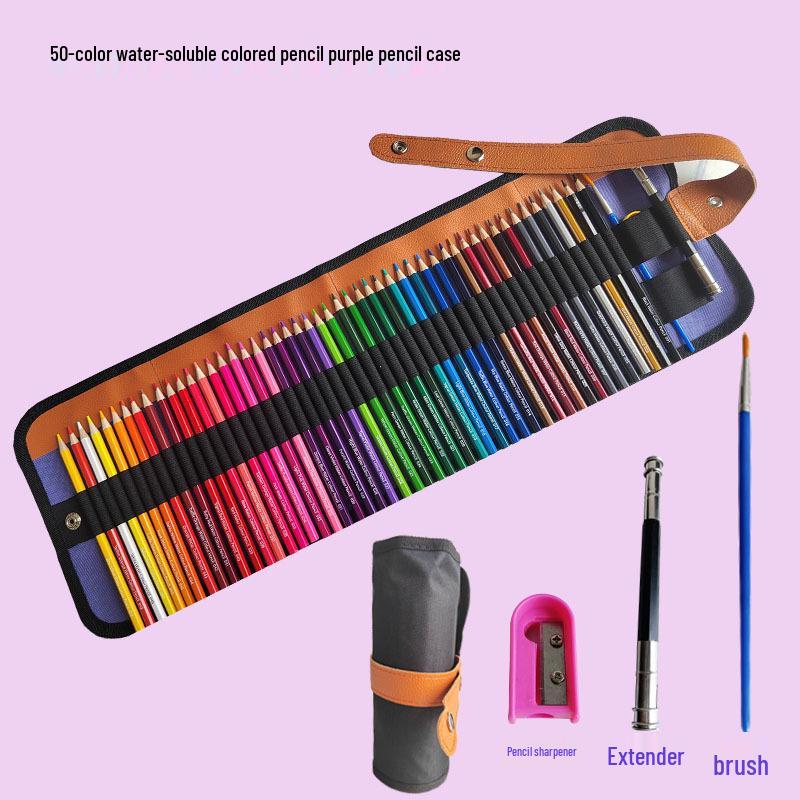 50-Color Wooden Hexagonal Oil-Based Colored Pencil Set for Adults and Art Students with Water-Soluble Paintbrushes.