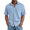 Men Light Blue Short Sleeve Button Down Shirt Casual Striped Linen Look Shirt
