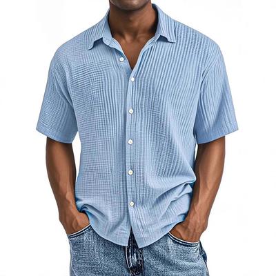 Men Light Blue Short Sleeve Button Down Shirt Casual Striped Linen Look Shirt