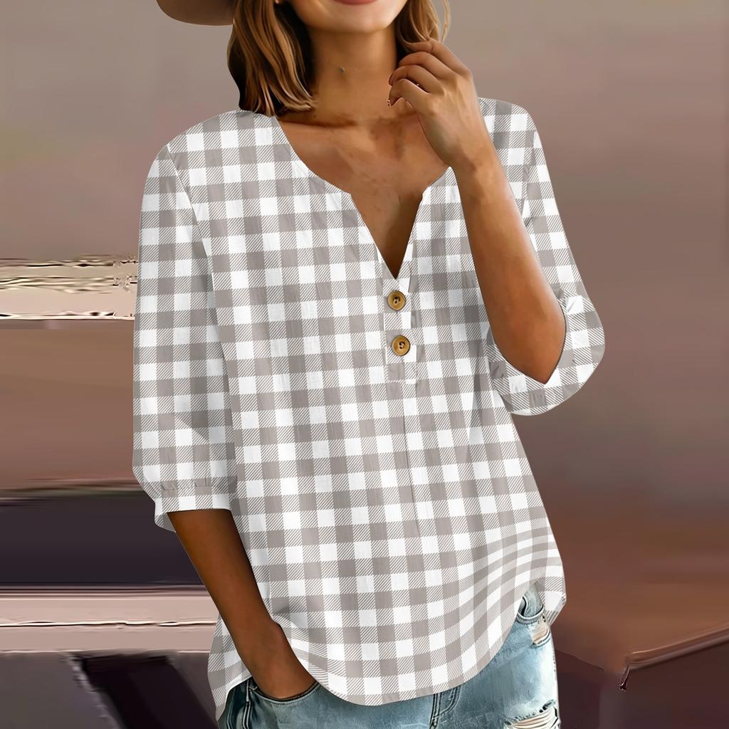 Women’s Casual Plaid Print Henley Shirt Cotton Linen Three Quarter Sleeve V Neck Button Front Loose Fit Top
