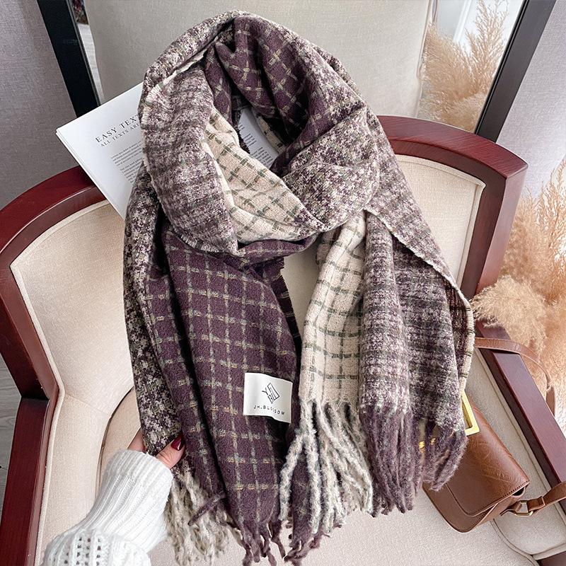 New autumn and winter scarf women's high-end atmosphere pink plaid couple shawl