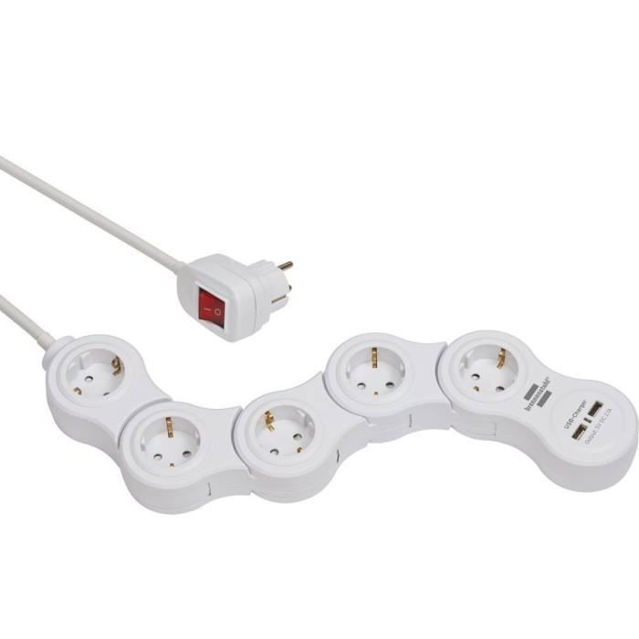 Brennenstuhl Prolongateur Multiprise Vario Power Avec Prises-chargeur USB Prises 5 Blanc, 1,4m H05VV-F 3G1,5 - 1155350210