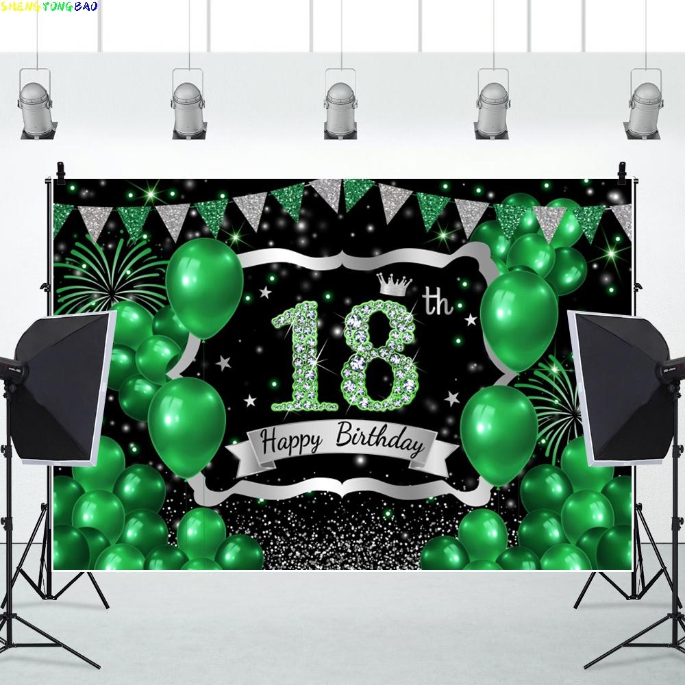 Happy 18th Birthday Photo Backdrop Green Balloons Theme Girl Boy 18 Years Old Birthday Party Decoration Photography Background
