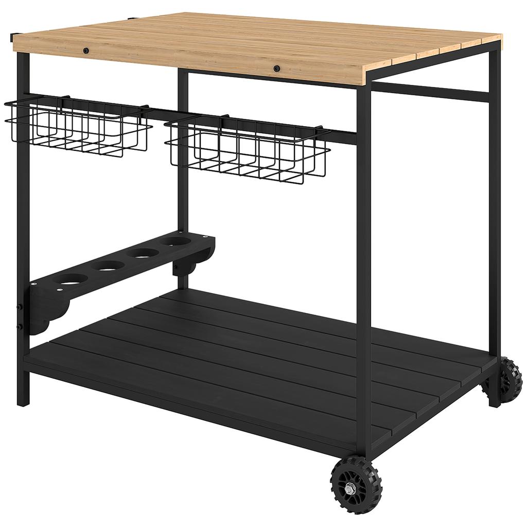 Serving Cart, Kitchen Cart, 2 Tiers, 4 Bottle Holders, In/Outdoor, Natural/Black