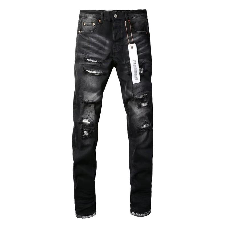 Mens Slim Fit Distressed Denim Jeans With Embroidered Patch Vintage Ink Wash Stretch Cotton Streetwear Style