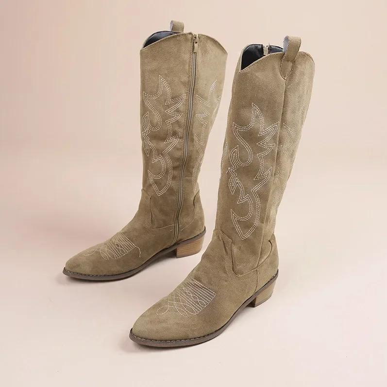 Modische bestickte Western-Cowboystiefel für Frauen, Herbst, spitze Zehenpartie, dicker Absatz, hohe Kniestiefel, Frau, lose PU-Leder, lange Botas Mujer