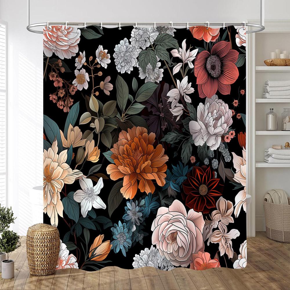 Black Background On Colourful Flowers Shower Curtain Vintage Style Artistic Creativity Print Fabric Bath Curtains Bathroom Decor