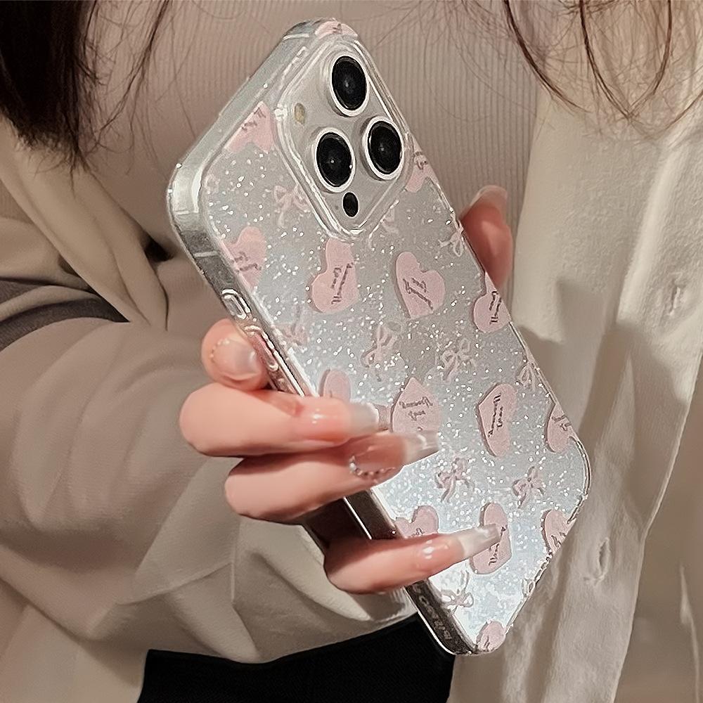 Pink Love Bow Glitter for Apple 15 Promax Mobile Phone Case 16 for Iphone 17 Soft 11 Niche 12 Transparent