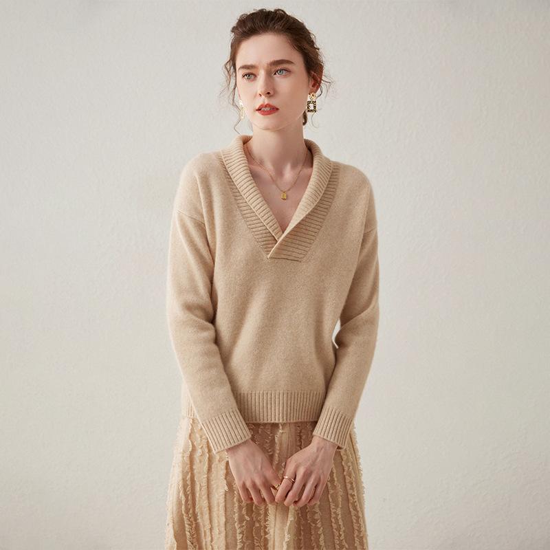 Temperament double-strand thickened pullover stacked V-neck sweater autumn and winter new high-end women's bottoming knitted sweater thick