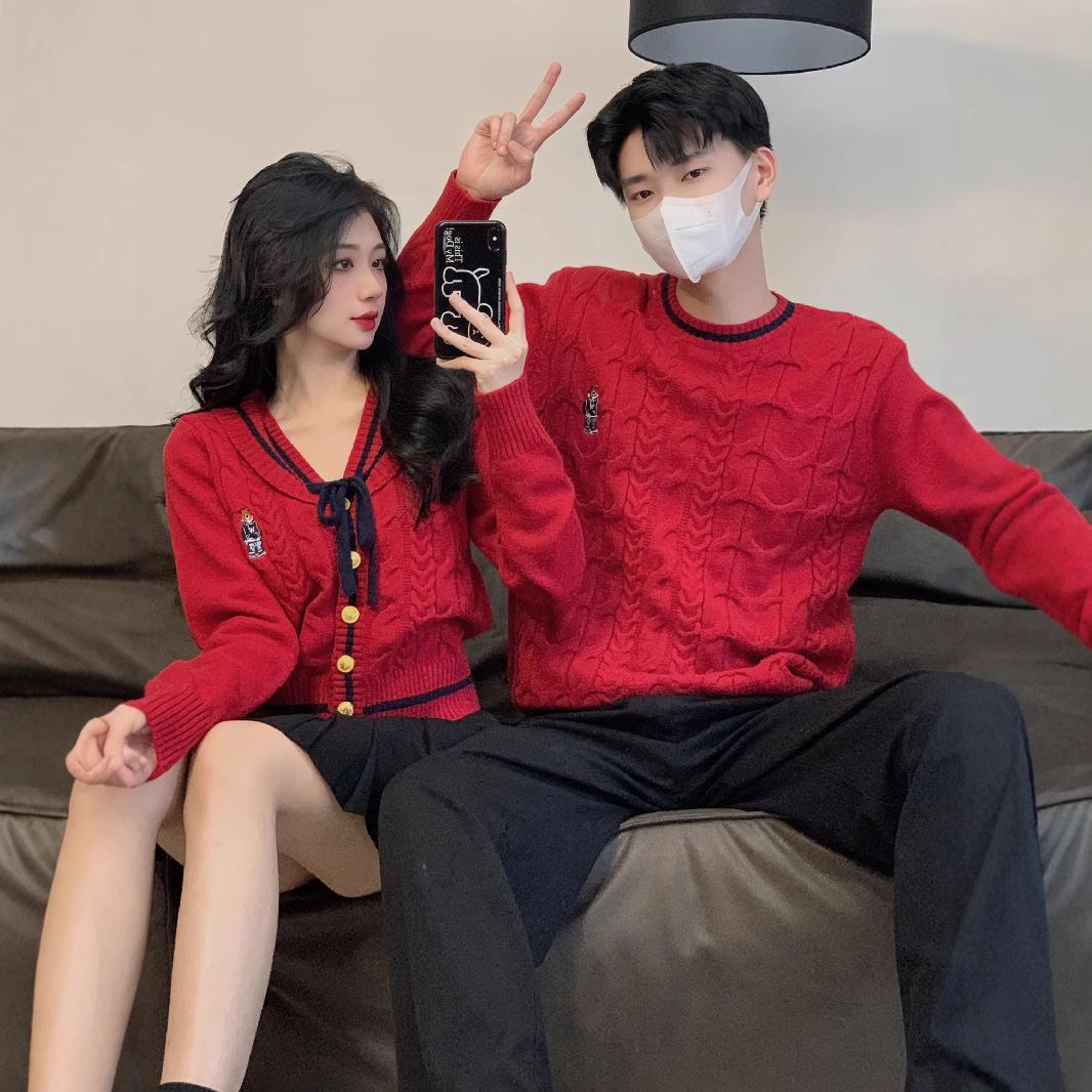 

Benmingnian Couple Outfits: Red Sweater with Navy Collar for Autumn/Winter L