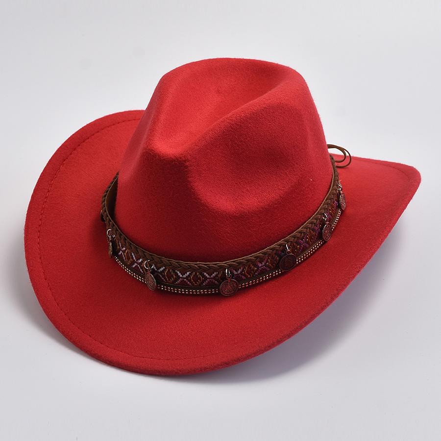 Unisex Winter Autumn Imitation Wool Felt Hat Vintage Western Cowboy Cowgirl Jazz Cap With Belt