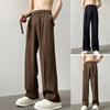 Men Suit Pants Straight Wide Leg Loose Belted Adjustable Waist Solid Color Formal Business Style Streetwear Full Length Casual Office Wear Trousers