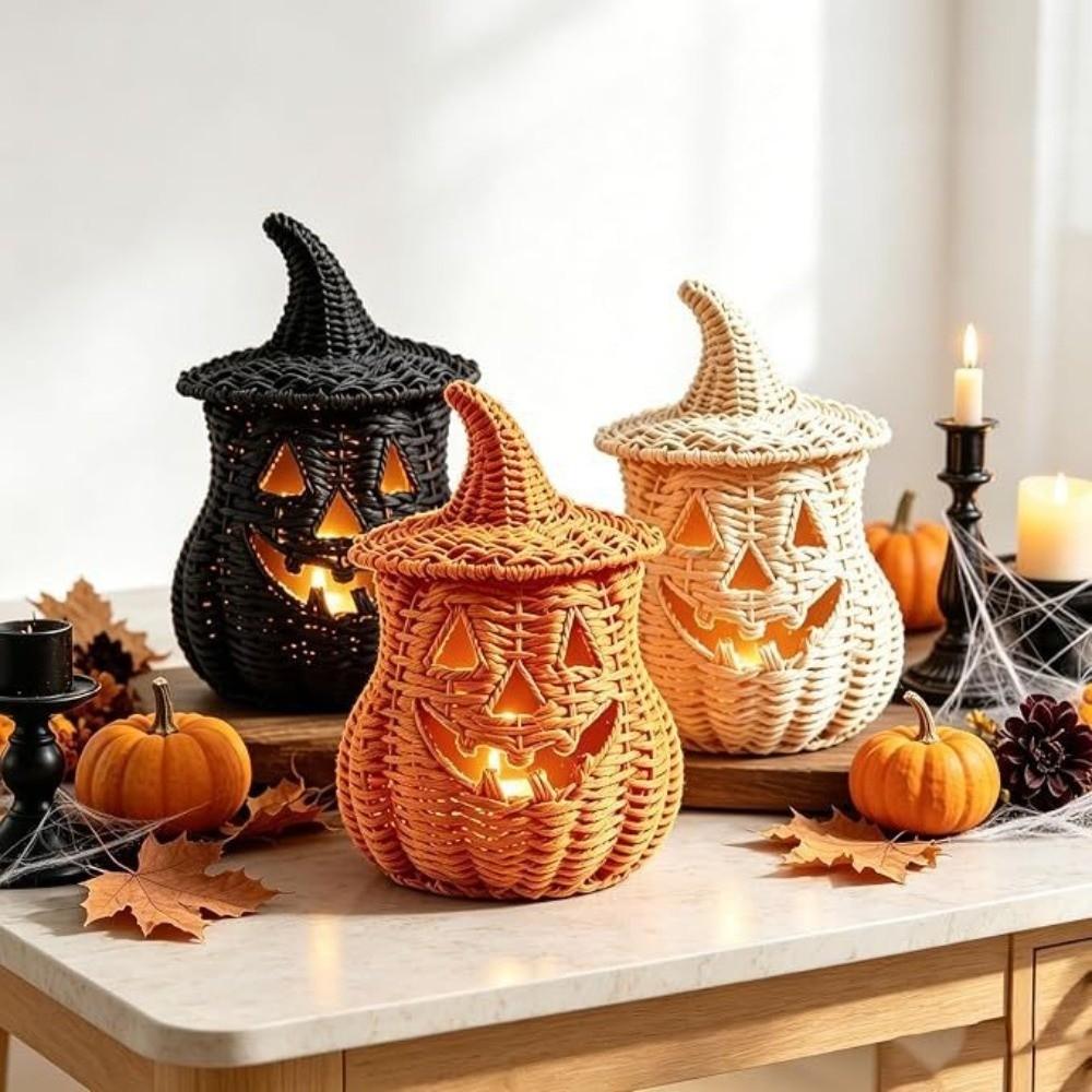 Woven Texture Resin Pumpkin Lantern with Witch Hat Lantern Storage Box  Desk Display