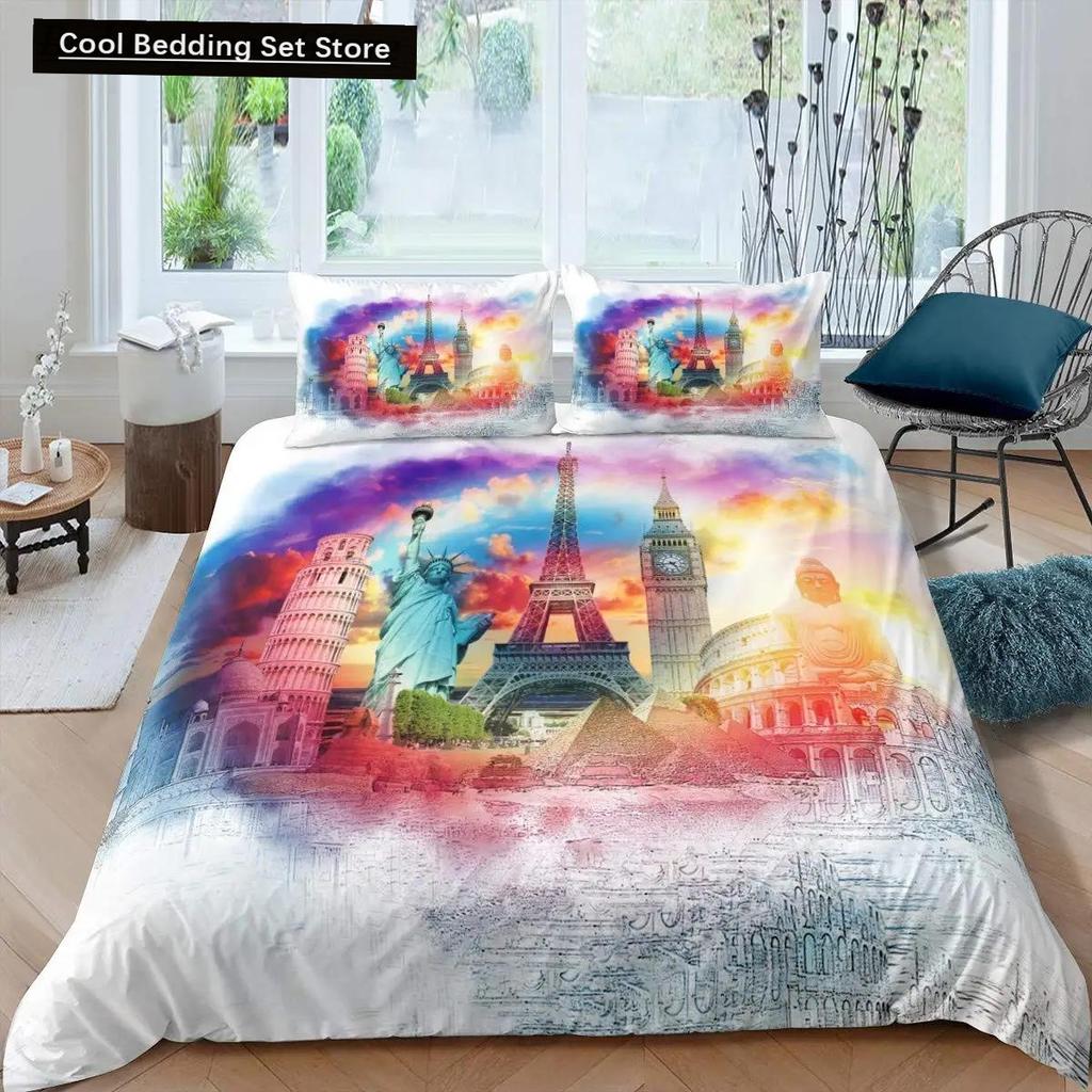 Freiheitsstatue Bettbezug Hip Hop Doppelgröße Friedenszeichen Liebesherz Bettwäscheset Amerikanische Augen Bunt Polyester Steppdecke