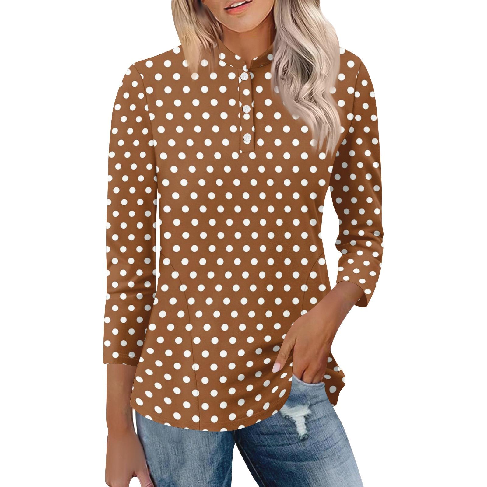 

Women s Casual Polo Shirt Loose Fit Three Quarter Sleeve Top Button Placket Polka Dot Print Lightweight Comfortable Fabric XXL