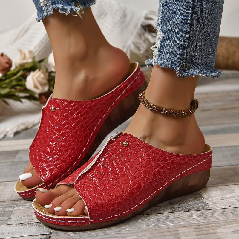 New Summer Large Size Wedge Heel Thick Bottom Fish Mouth Sewing Line Women's Slippers Crocodile Pattern Women's Slippers