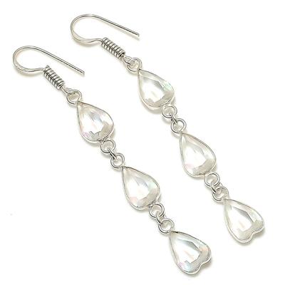 Natural White Topaz Gemstone Handmade 925 Sterling Silver Earring 2.68" h2V79