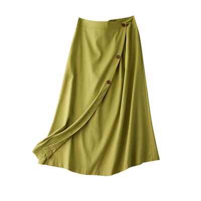 Ladies Summer Cotton Linen Mid Length Elastic Waist Swing Skirt With Pokect