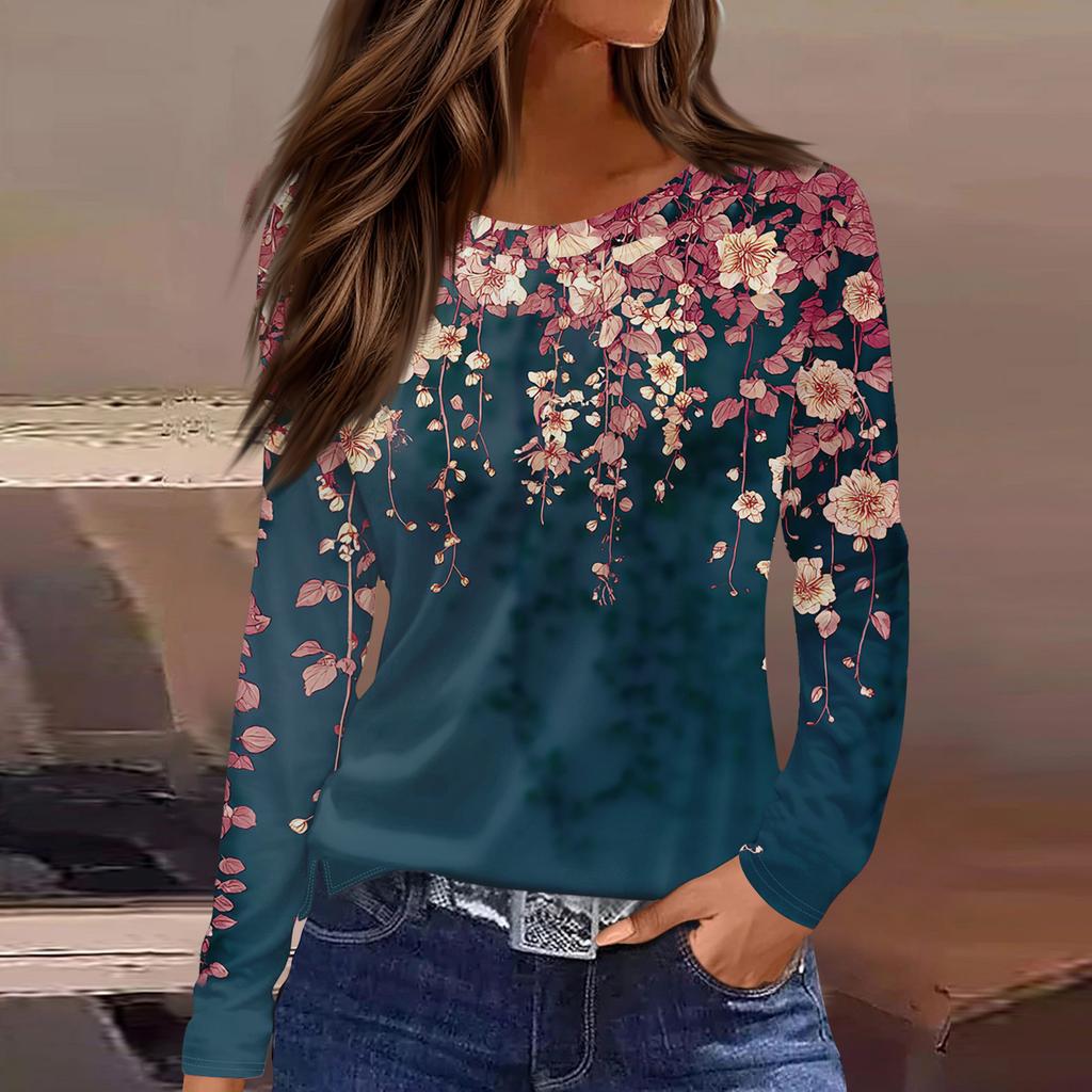 Women's Fashion Casual Slit Hem Round Neck Long Sleeve Loose Printed T-Shirt Ladies Top Christmas