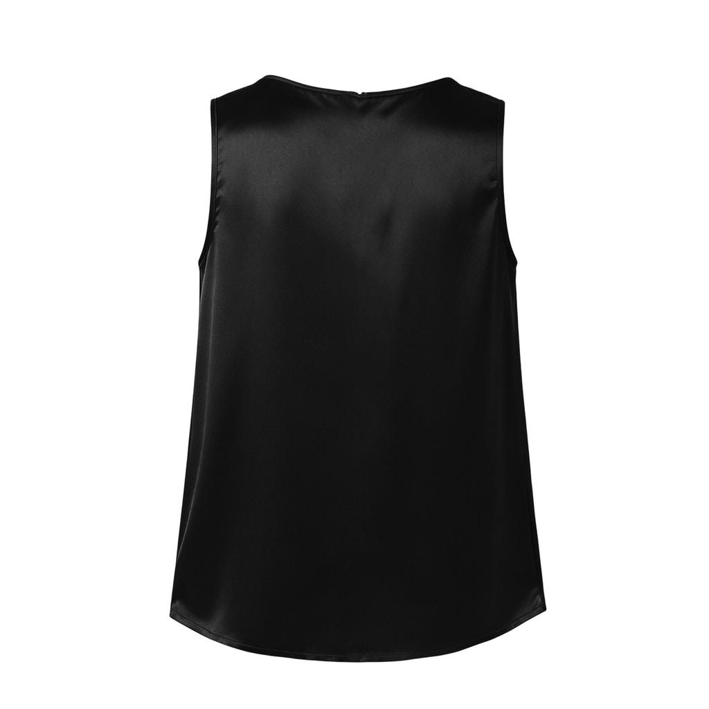 Women's Casual Satin Sleeveless Top Pearl Embellished Round Neck Blouse Smooth Fabric Lightweight Summer Shirt