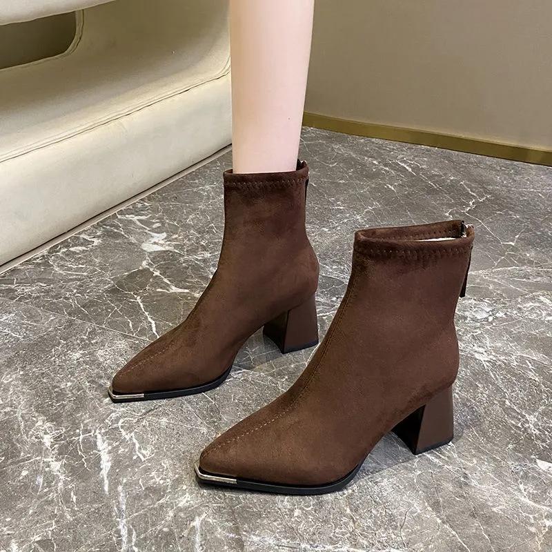 Winter Women Thick Heel Ankle Boots Pointed Toe Mordern Short Booties Street Style Party Stripper Female Shoes