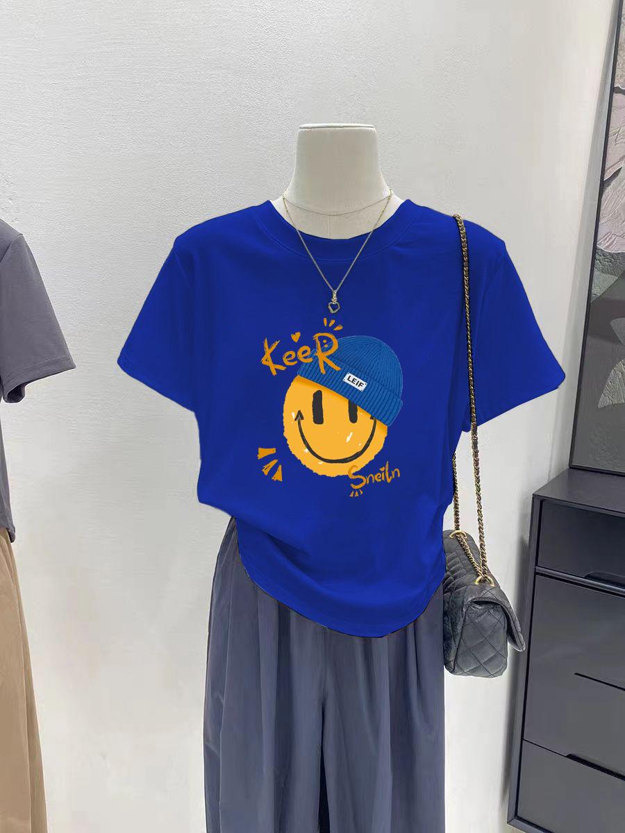 

Smiley face front shoulder cotton short-sleeved t-shirt women s summer thin inner cover 2025 new loose white thin top trendy XXXL