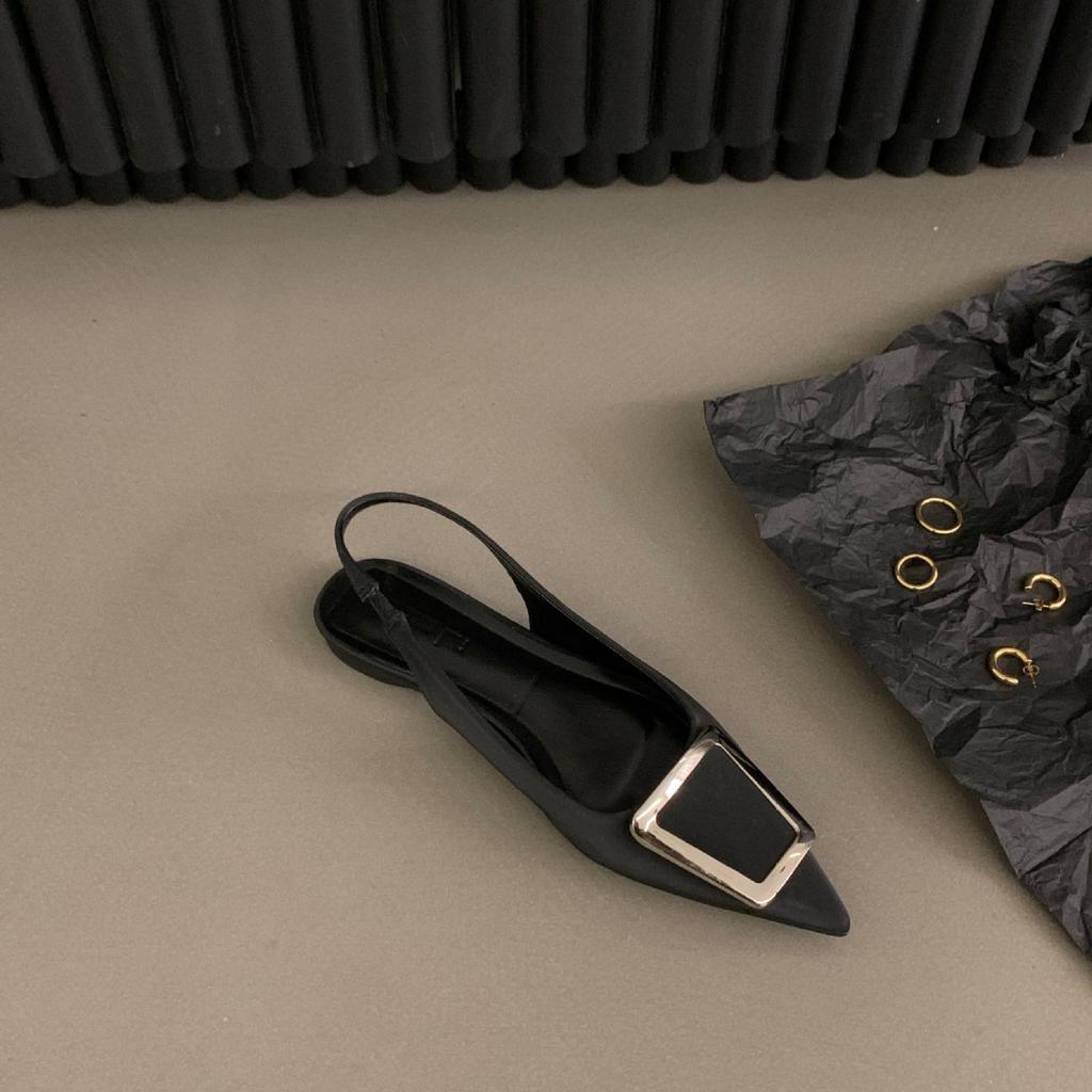 French flat-bottomed black back strap bag head sandals women's 2025 new spring and summer pointed rhinestone temperament single shoes