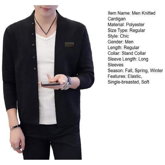 Men Knitted Cardigan Coat Single-breasted Long Sleeve Solid Color Slim Fit Elastic Thick Warm Stand Collar Badge Decor Casual Mid