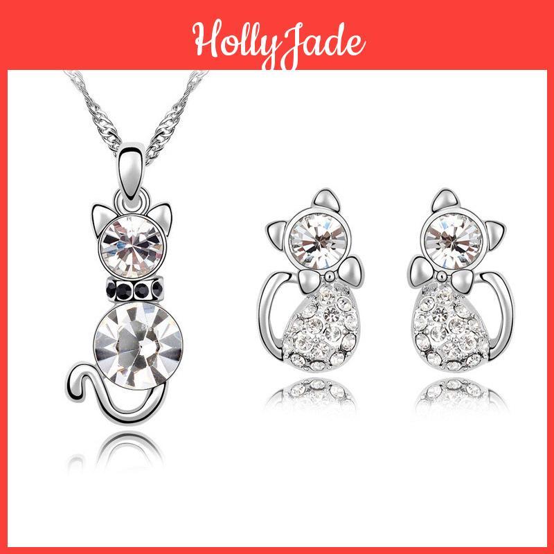 Crystal 3pcs Cat Shaped Necklace Earrings Jewelry Set Gift Teen Girls For Women