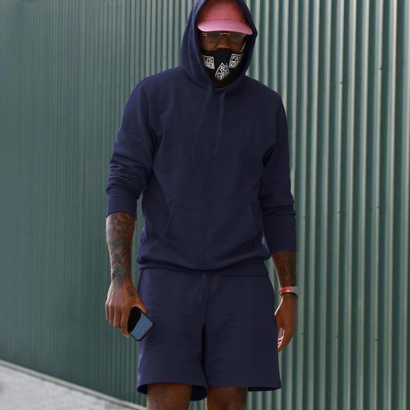 Men's Fleece Hoodie Shorts Two-piece Loose Solid Color Casual Sports Men's Suit