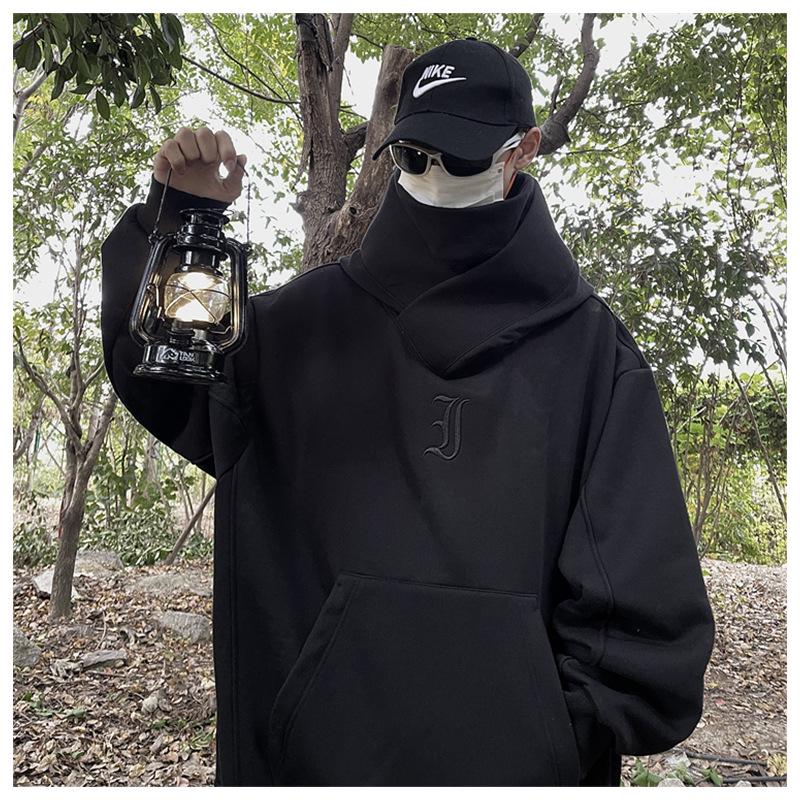Men's High-Neck Embroidered Hoodie: Socially Anxious Ninja Style for Autumn/Winter