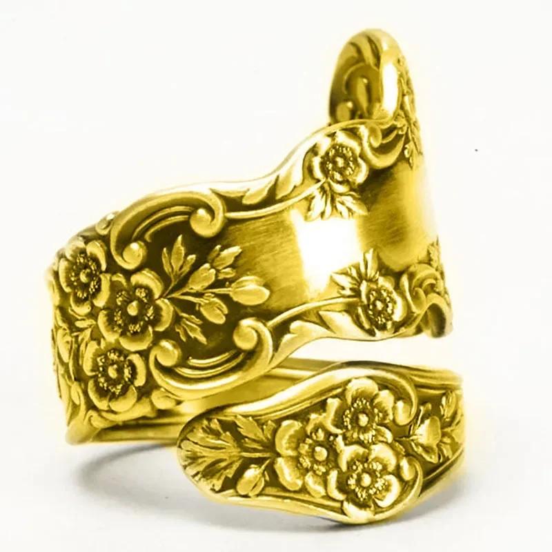 Anmutiger gravierter Blumenmuster Midi-Ring für Damen Vintage Antikfarbe Retro Party Stilvoller Fingerschmuck 10 brown
