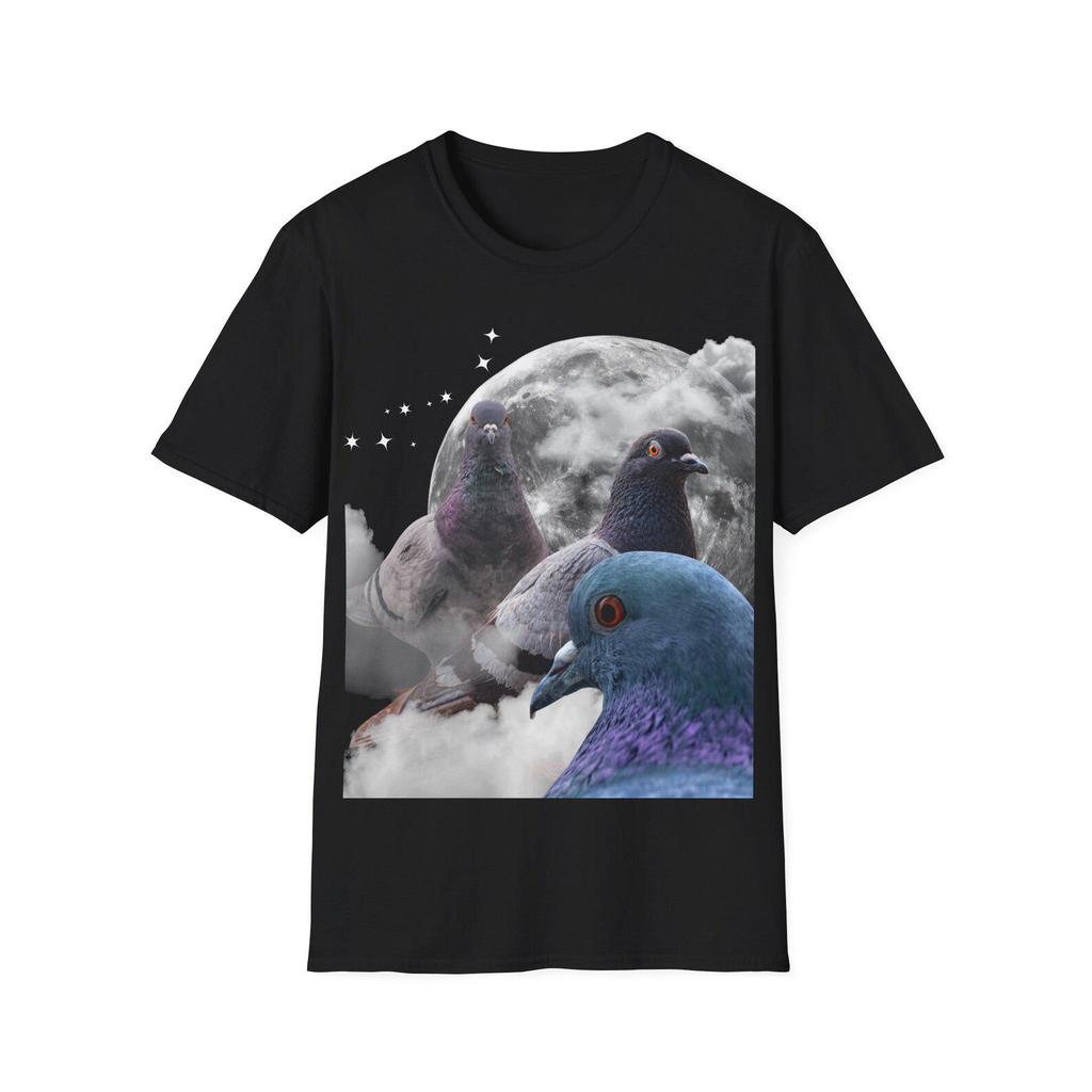 Three Pigeons Retro Graphic T-Shirt, Vintage Moon Bird Watching Tee