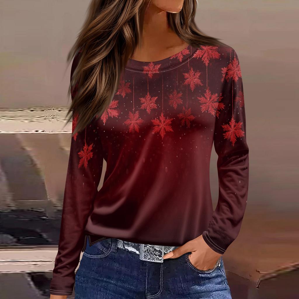 Women's Fashion Casual Slit Hem Round Neck Long Sleeve Loose Printed T-Shirt Ladies Top Christmas