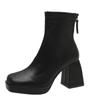 Martin Boots Women's Autumn and Winter Square Head European and American Retro High Heel Thick Heel Rear Zipper Thin Short Boots Increase Height