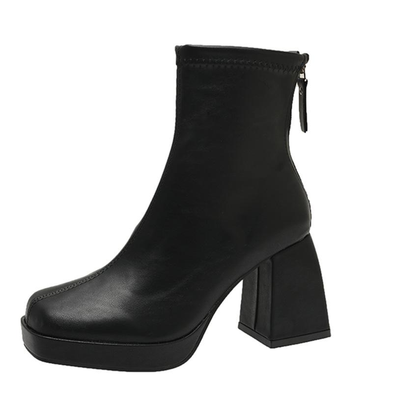 Martin Boots Women's Autumn and Winter Square Head European and American Retro High Heel Thick Heel Rear Zipper Thin Short Boots Increase Height