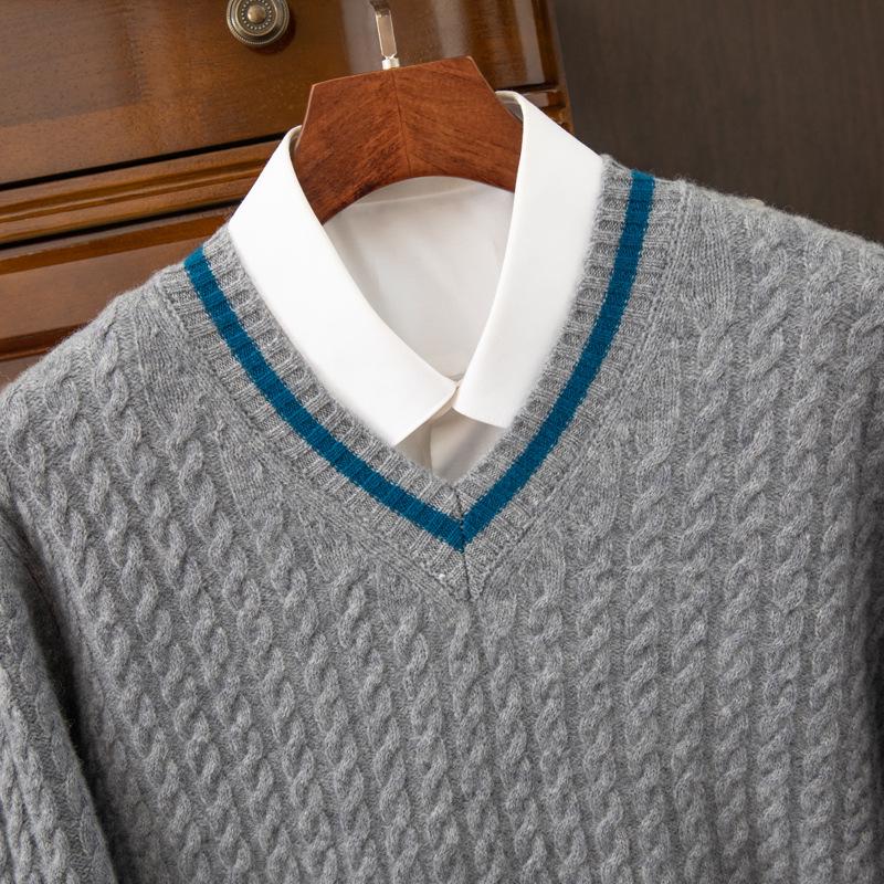 Men's Wool V-Neck Color Block Sweater - Thick Cable Knit for Fall/Winter