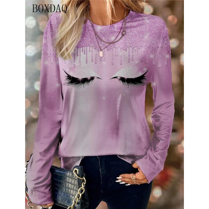 Women Eyelash Face Abstract Pattern Fashion T-Shirts Spring Autumn Long Sleeve 3d Print