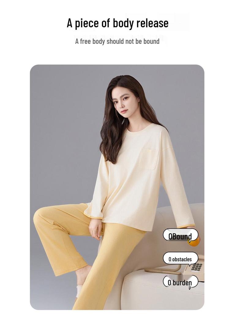 Women's Pure Cotton Pajamas with Chest Pad - Long Sleeve, Plus Size, for Autumn/Winter. Wearable Outdoors, Loose Fit Homewear.