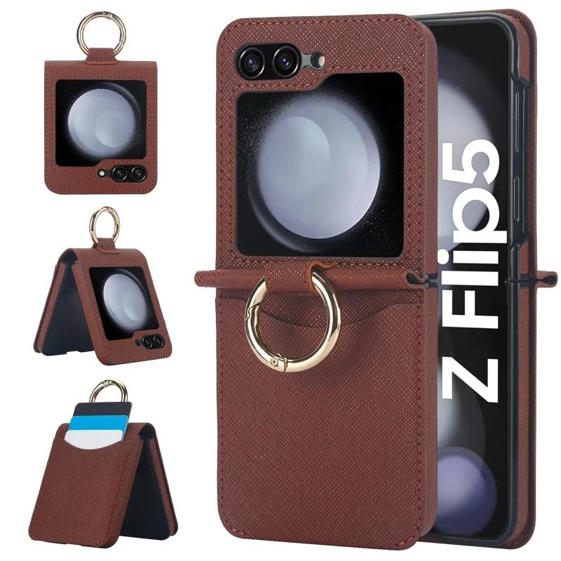Cross Grain Leather Ring Phone Case for Samsung Galaxy Z Flip 6 5 4 3 Flip5 Flip4 Flip6 Wallet with Card Holder Shockproof Cover