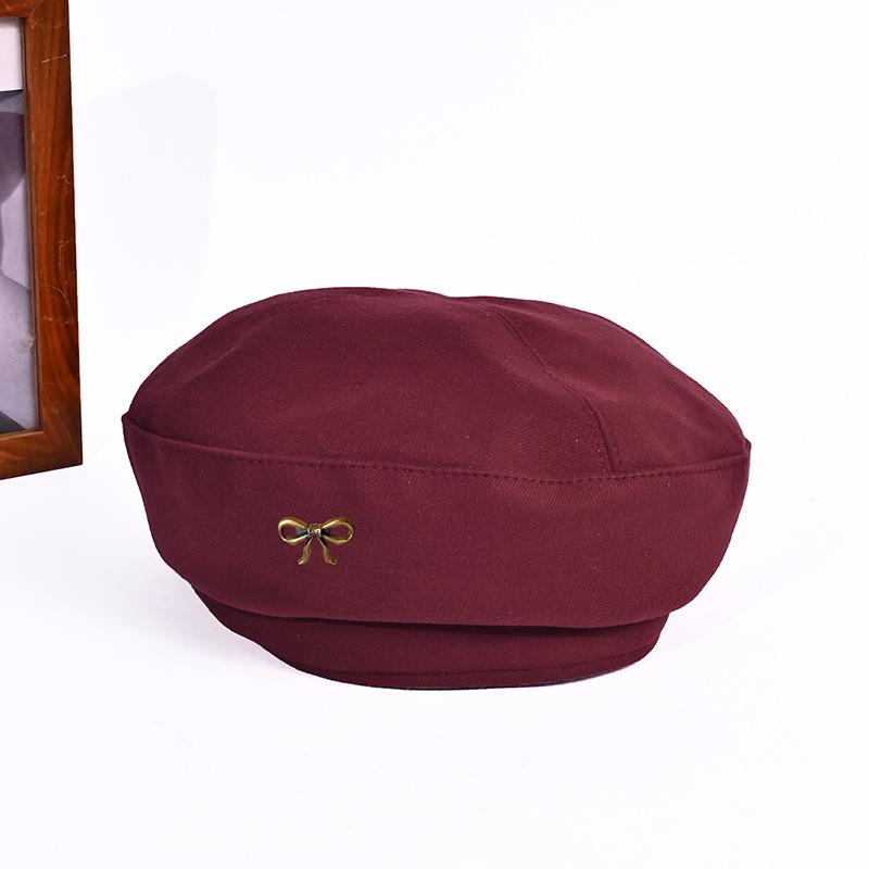 New Autumn and Winter Hat for Women Bow Metal Logo Beret Casual Versatile Painter Hat Japanese Retro Bud Hat